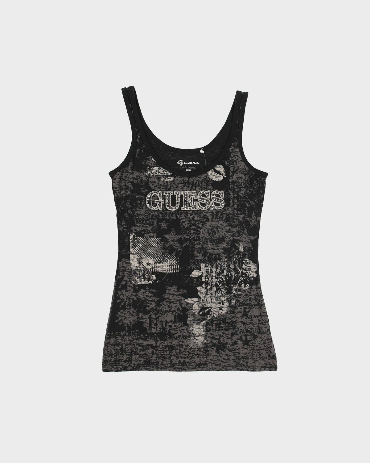 Vintage Y2K 2000s Guess Graphic Semi Sheer Rhinestone Cami - M