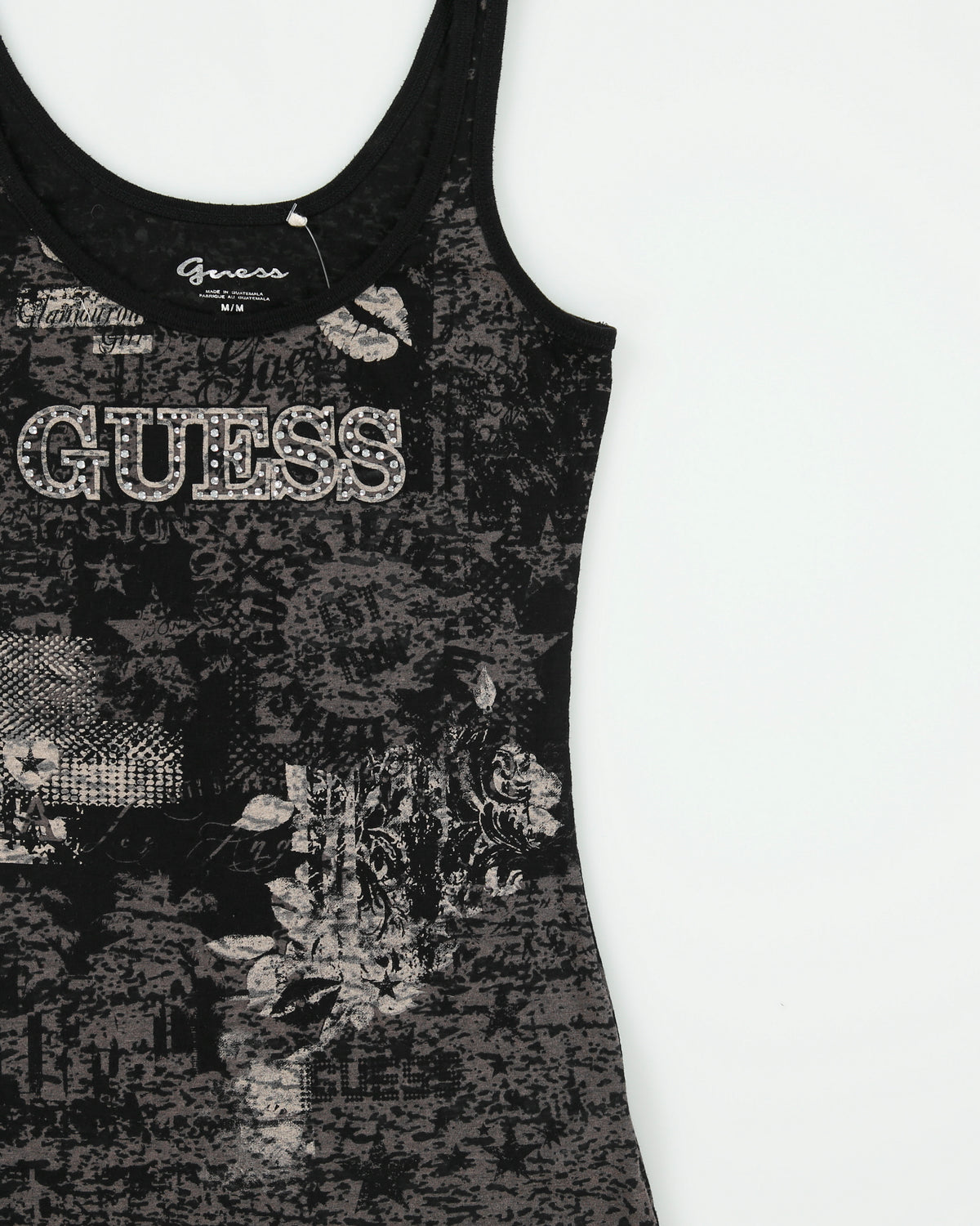 Vintage Y2K 2000s Guess Graphic Semi Sheer Rhinestone Cami - M