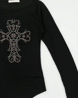 Vintage Y2K 2000s Charlotte Russe Rhinestone Cross Long Sleeve Top - S