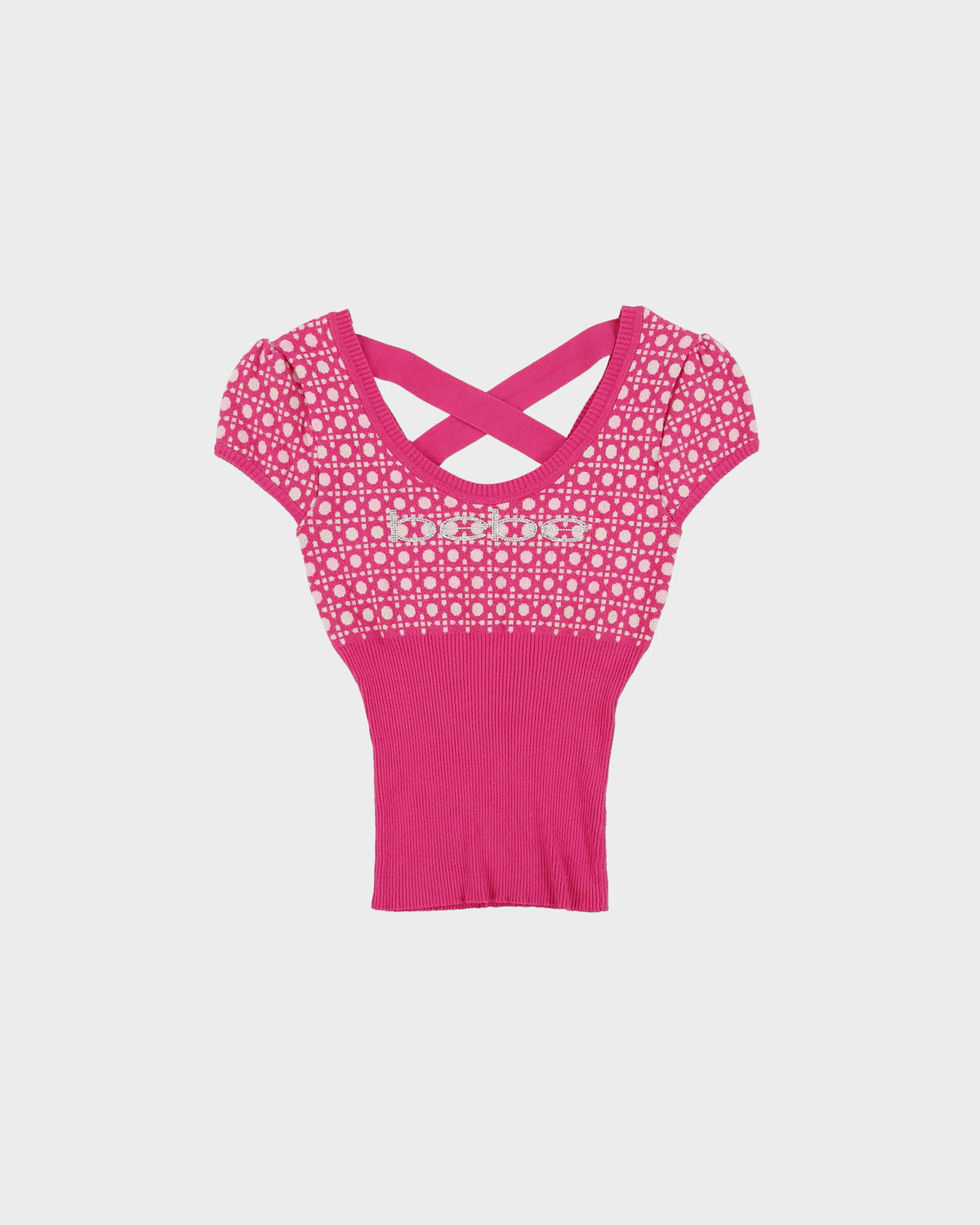 Vintage Y2K 00s Bebe Synched Waist Cross Back Rhinestone Logo Knit Top - S