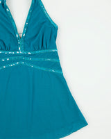 Vintage Y2K 00s Chado Lined Mesh Sequin Halter Neck Top - XS