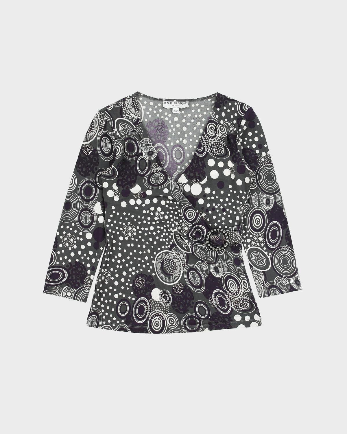 Vintage Y2K 00s A&amp;K Designs Spotty O Ring Faux Wrap 3/4 Sleeve Top - S