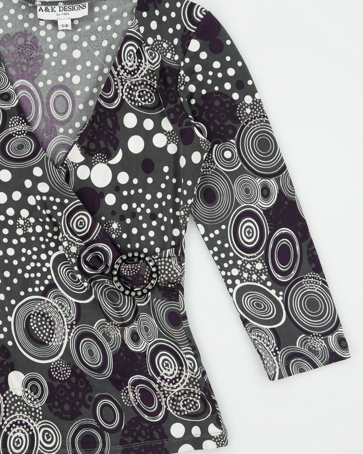Vintage Y2K 00s A&amp;K Designs Spotty O Ring Faux Wrap 3/4 Sleeve Top - S