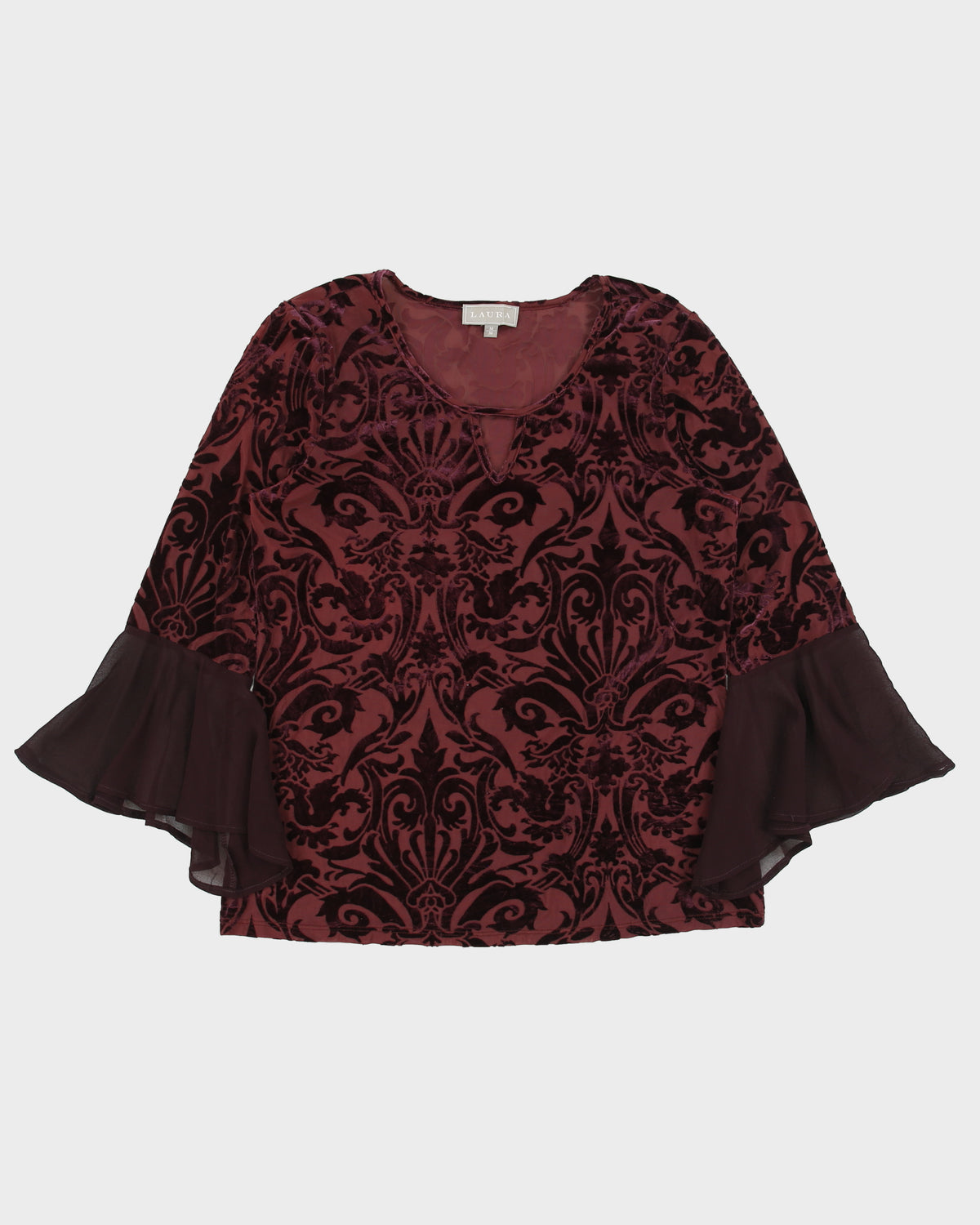 Vintage 1990s Laura Sheer Velvet Detail Flare Sleeve Blouse - M