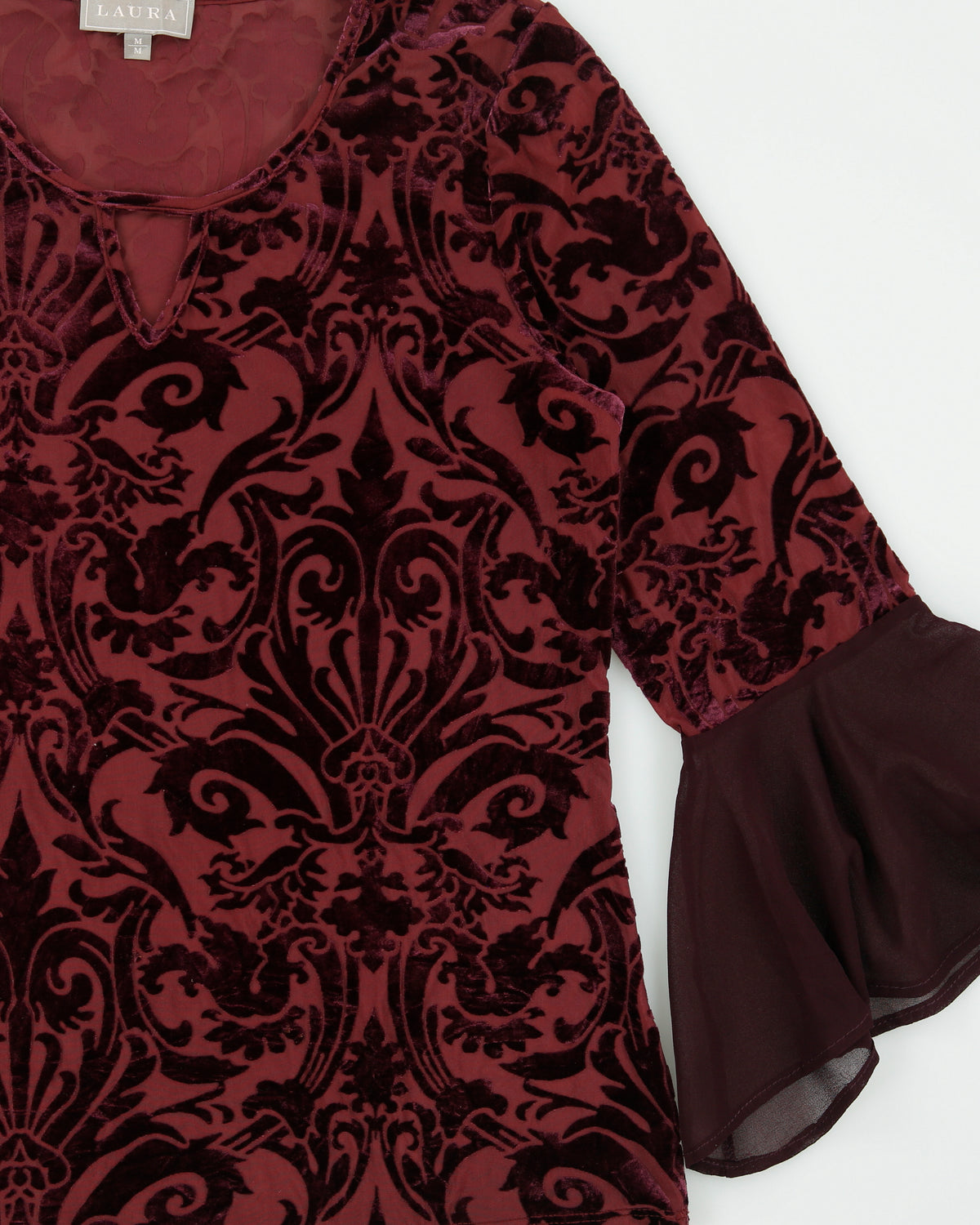 Vintage 1990s Laura Sheer Velvet Detail Flare Sleeve Blouse - M