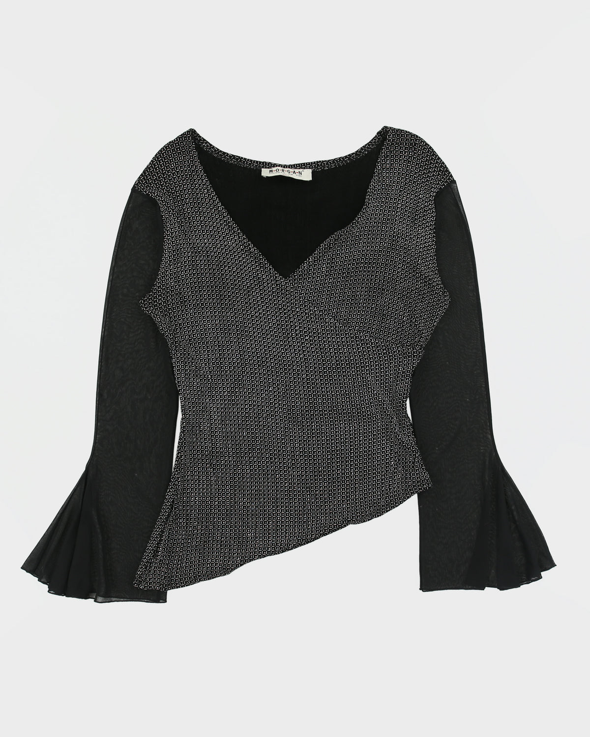 Vintage 1990s Morgan De Toi Sparkly Faux Wrap Mesh Bell Sleeve Top - M
