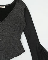 Vintage 1990s Morgan De Toi Sparkly Faux Wrap Mesh Bell Sleeve Top - M