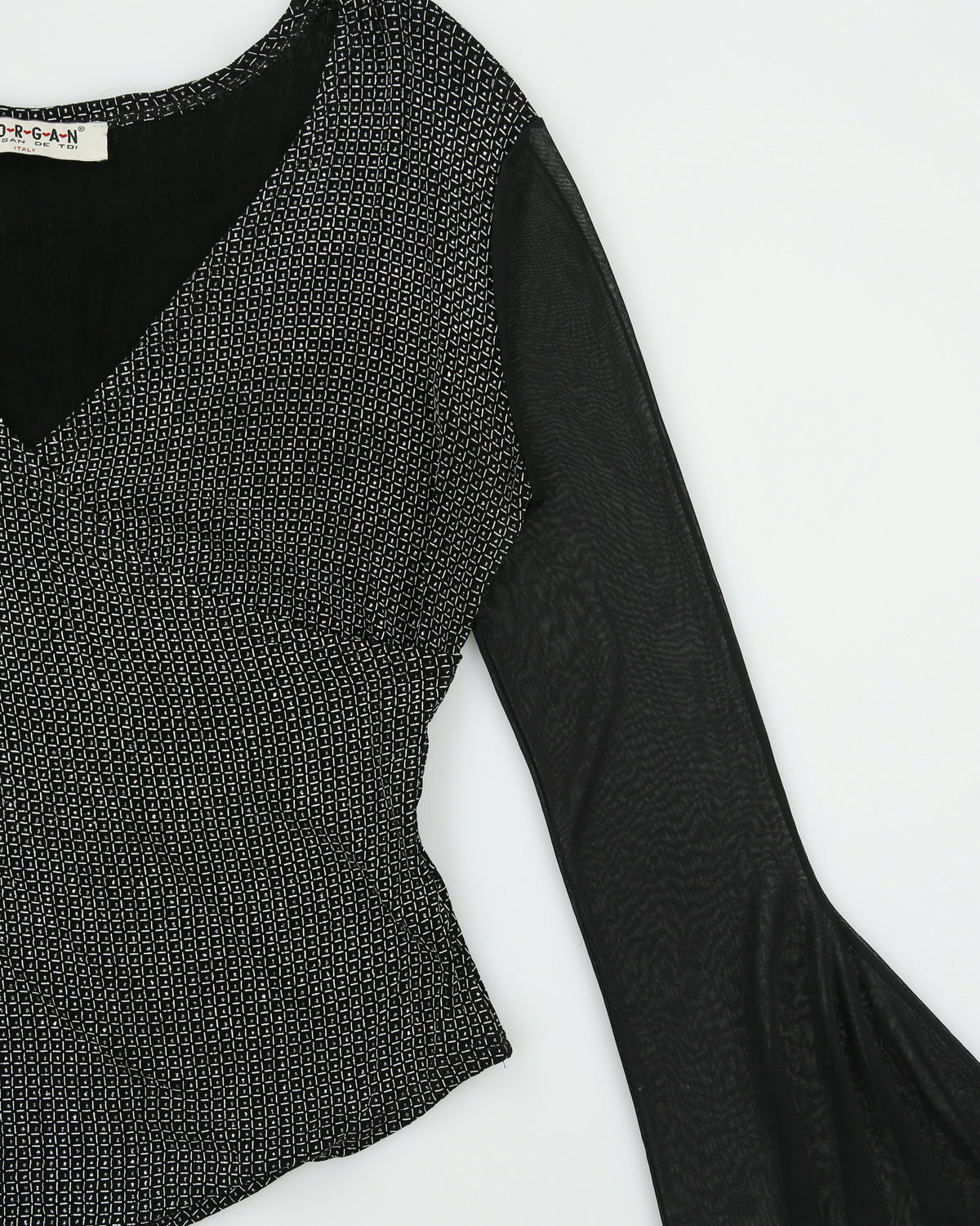 Vintage 1990s Morgan De Toi Sparkly Faux Wrap Mesh Bell Sleeve Top - M
