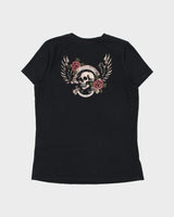 Vintage Y2K 00s Harley Davidson Skull &amp; Roses Graphic V-neck Cap Sleeve T-Shirt - L