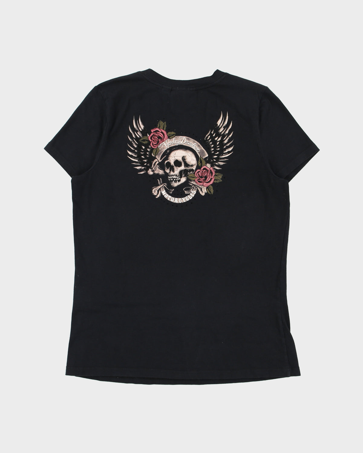 Vintage Y2K 00s Harley Davidson Skull &amp; Roses Graphic V-neck Cap Sleeve T-Shirt - L