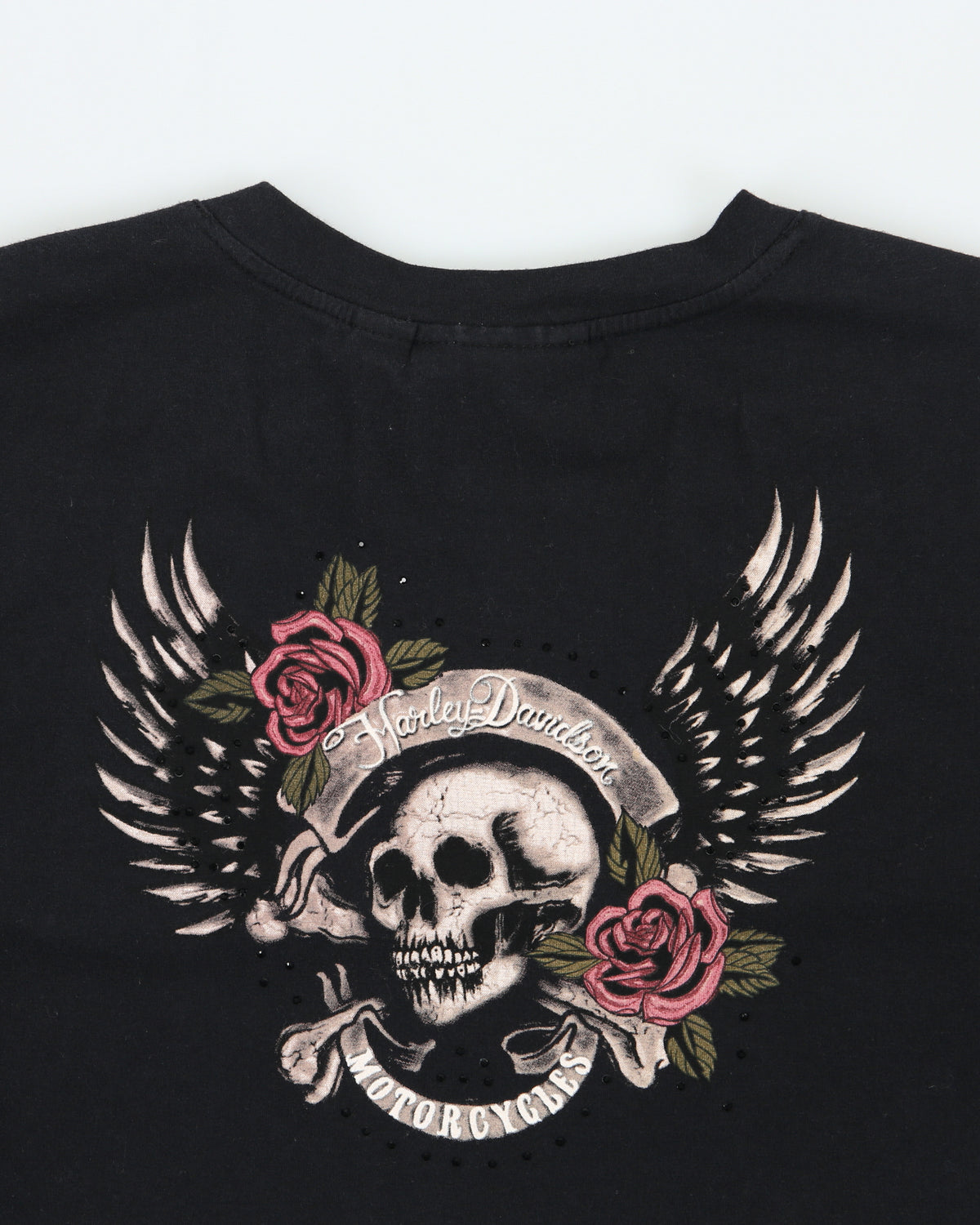 Vintage Y2K 00s Harley Davidson Skull &amp; Roses Graphic V-neck Cap Sleeve T-Shirt - L