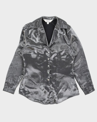Vintage 90s Emblem Grey Shiny Blouse - M