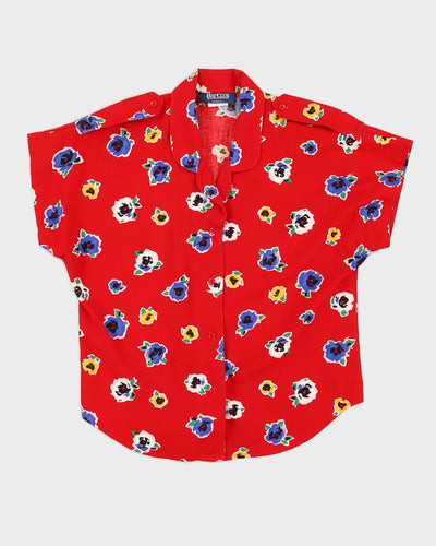 Red Floral Short Sleeve Blouse - S