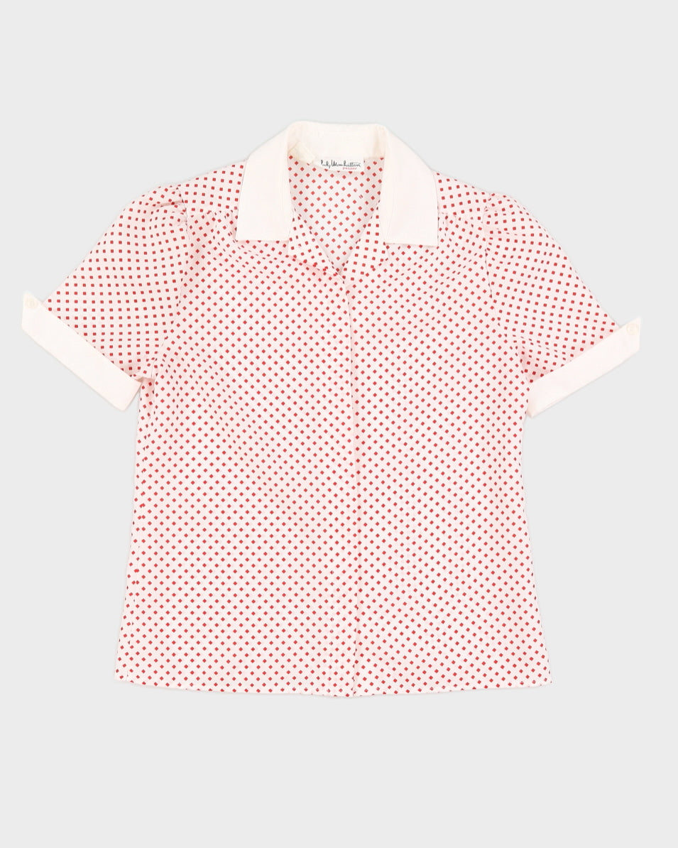 White With Red Squares Short Sleeve Blouse - S