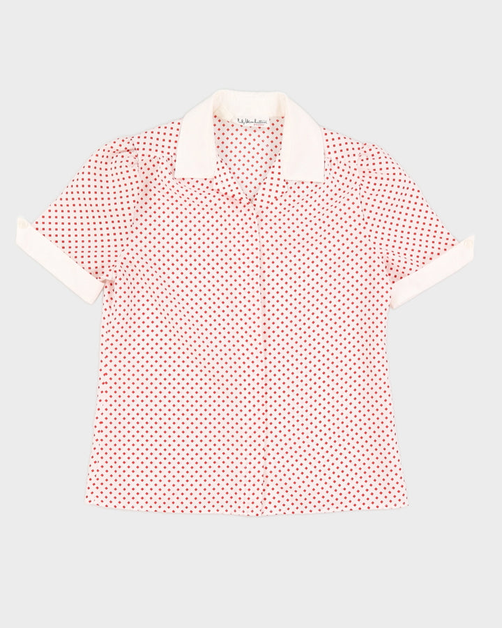 White With Red Squares Short Sleeve Blouse - S