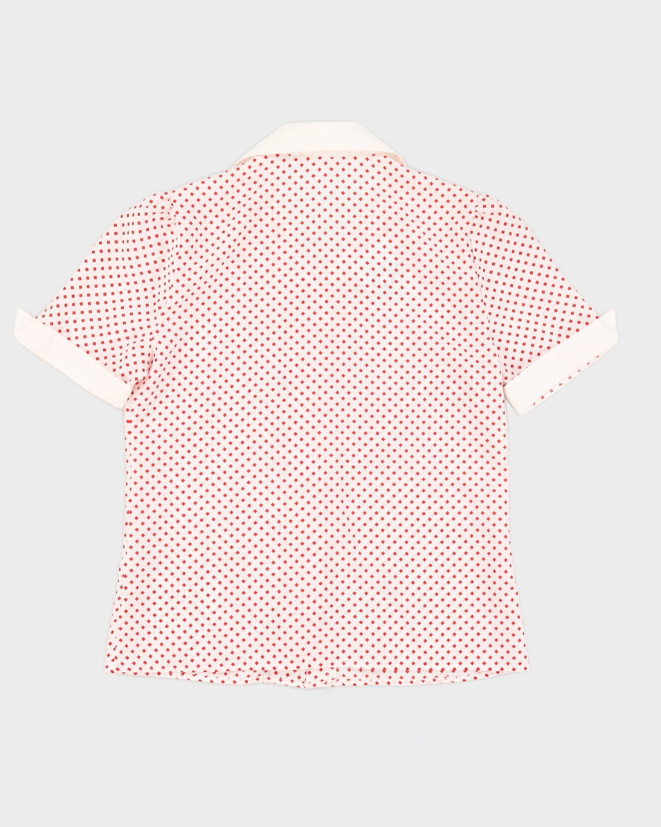 White With Red Squares Short Sleeve Blouse - S