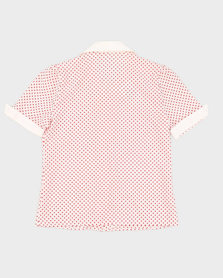 White With Red Squares Short Sleeve Blouse - S