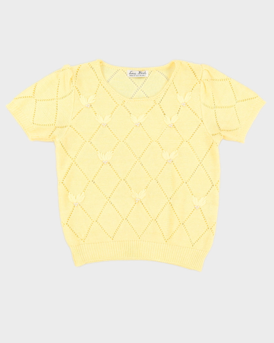 Vintage 90s Love Bird Yellow Beaded Knit Top - S/M