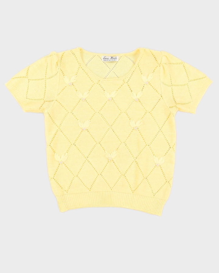 Vintage 90s Love Bird Yellow Beaded Knit Top - S/M