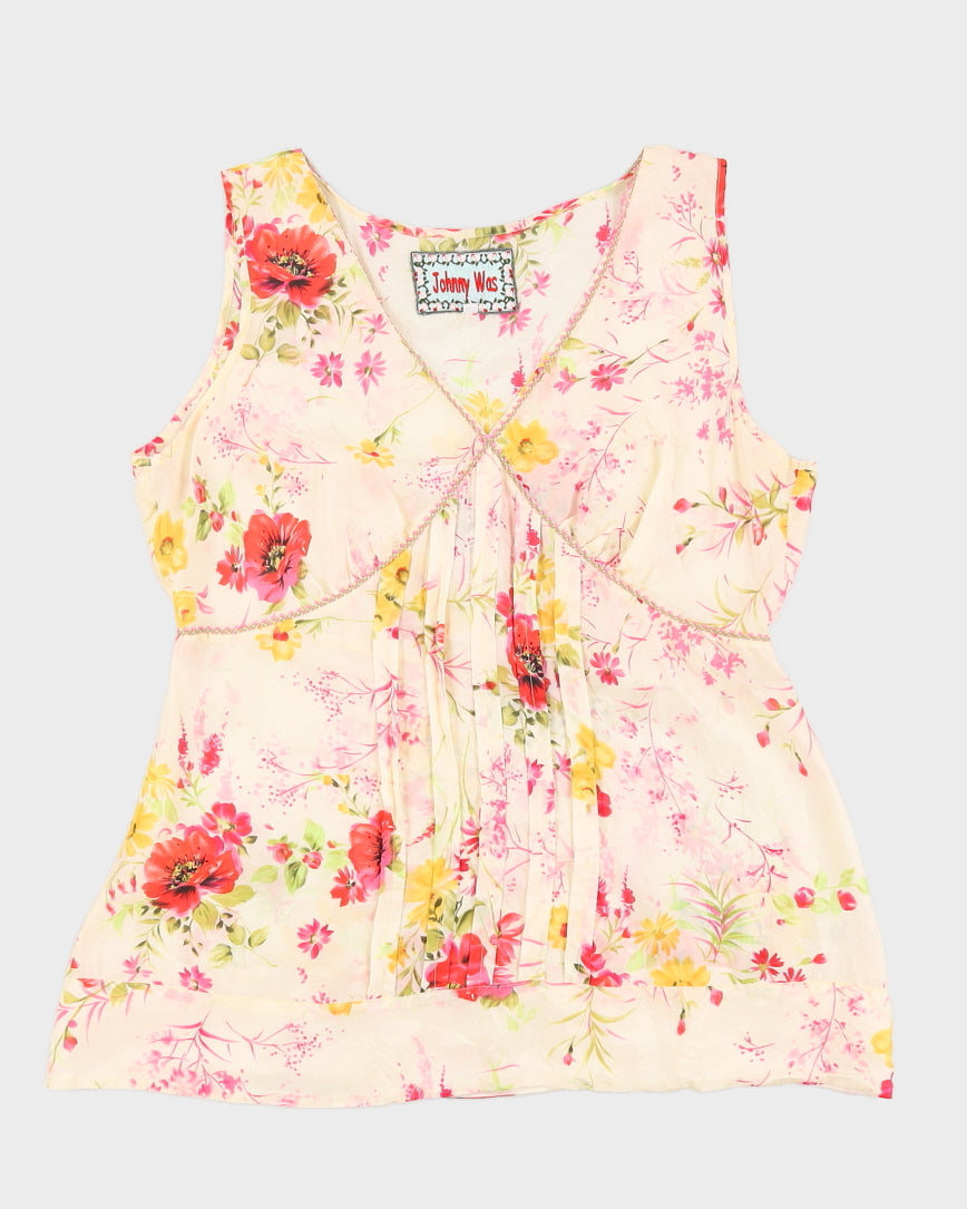 Johnny Was Cream & Pink Silk Floral Blouse - M