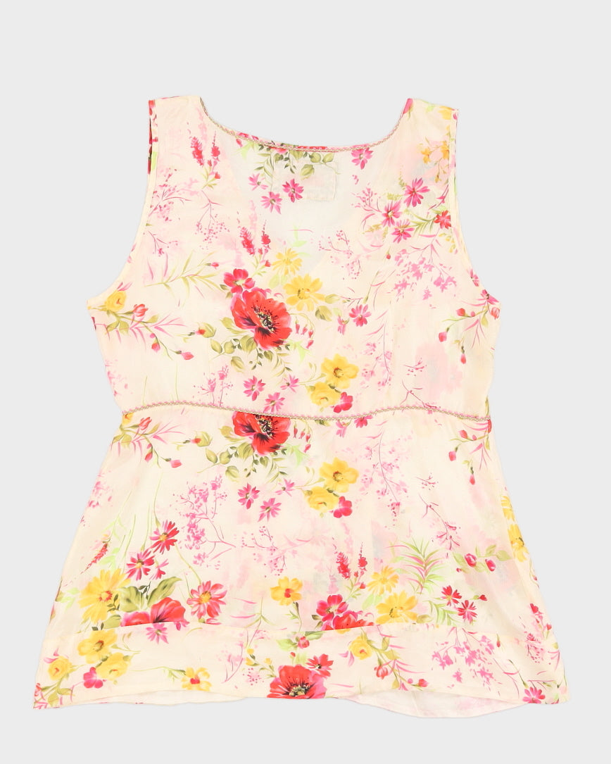 Johnny Was Cream & Pink Silk Floral Blouse - M