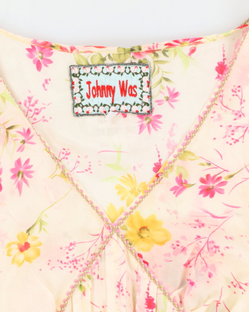 Johnny Was Cream & Pink Silk Floral Blouse - M