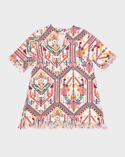 Patterned Cotton With Fringed Edges Tunic - S