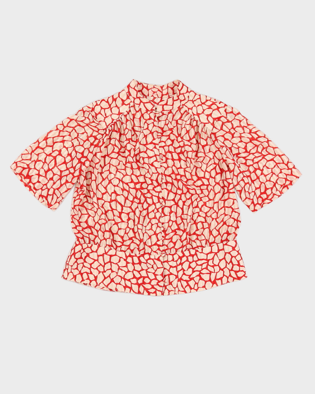 Red And Cream Patterned Short Sleeve Blouse - M