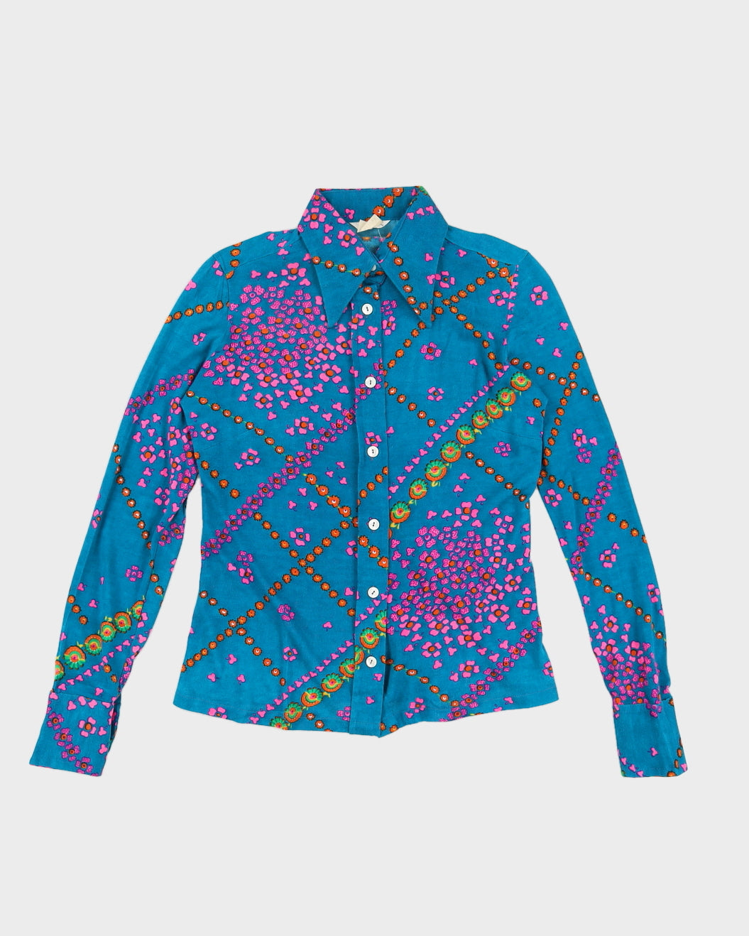 Vintage 70s Imatex Blue &amp; Pink Printed Dress Shirt - L