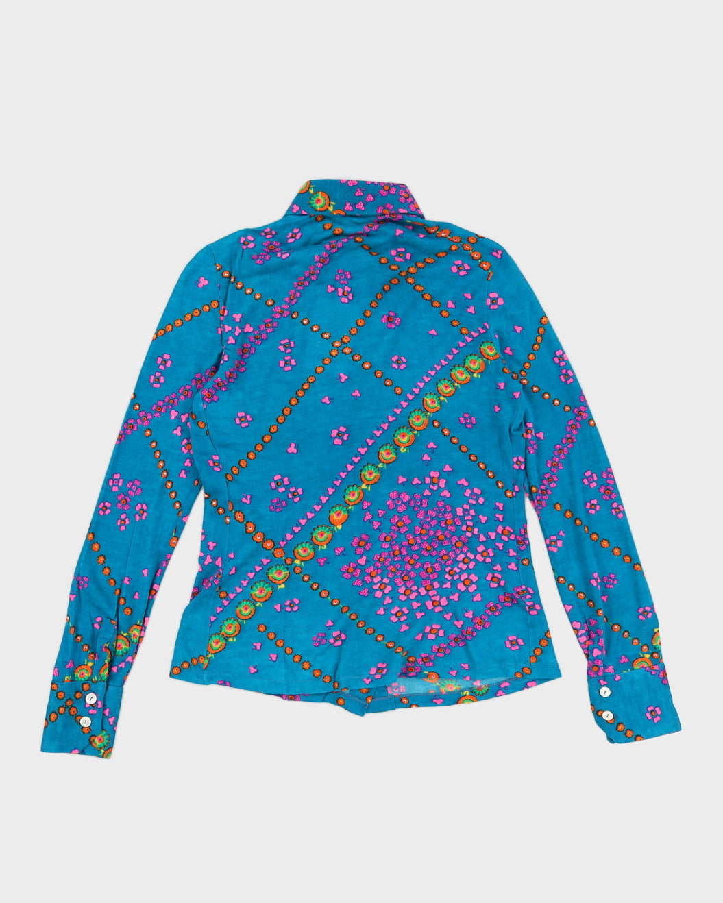 Vintage 70s Imatex Blue &amp; Pink Printed Dress Shirt - L
