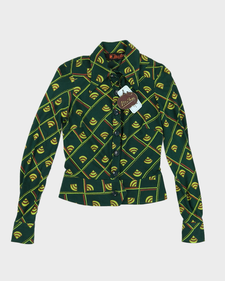 Vintage 70s Miba Women's Green Printed Shirt - S/M