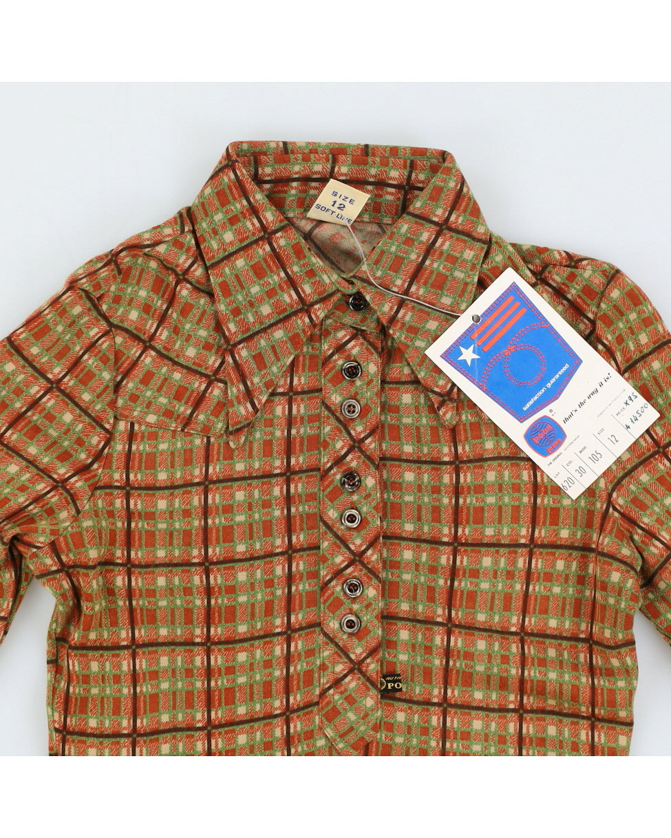 Vintage 70s Pooh Soft Line Brown Plaid Polo Top - S
