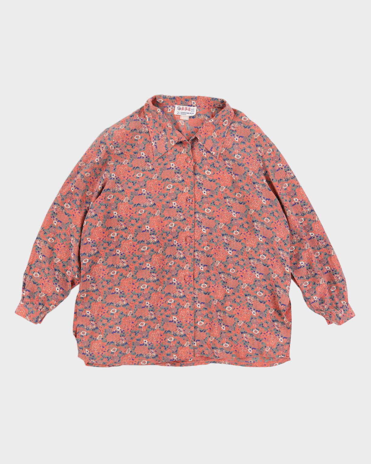 Vintage 70s Pink Floral Silk Blouse - L