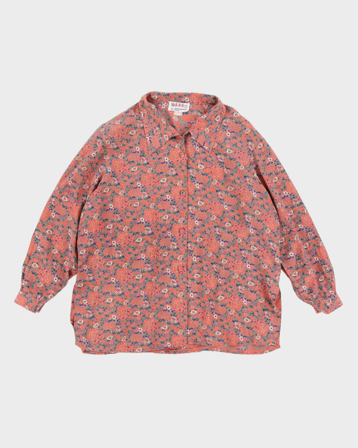 Vintage 70s Pink Floral Silk Blouse - L
