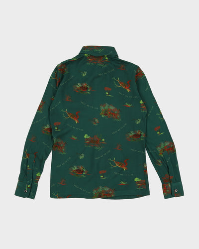 Vintage 70s Pooh Jeans Green Squirrel Print Blouse - M/L