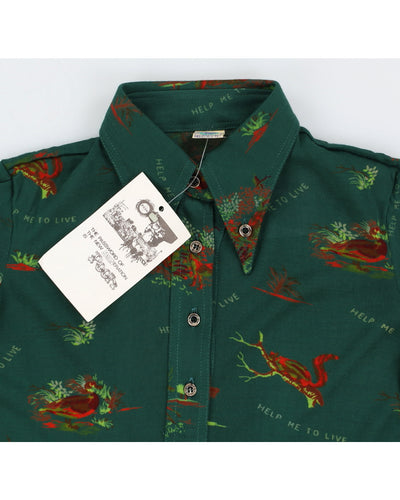 Vintage 70s Pooh Jeans Green Squirrel Print Blouse - M/L