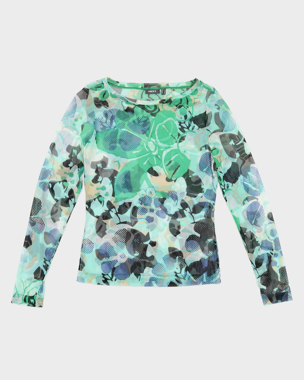 Y2K 00s Mexx Blue &amp; Green Floral Mesh Top - S/M
