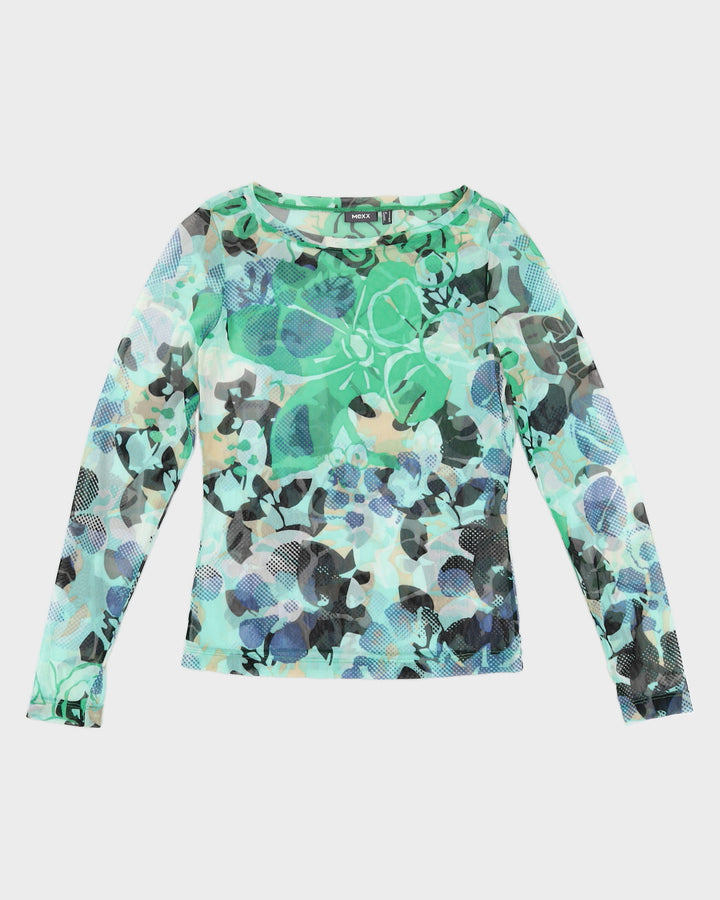 Y2K 00s Mexx Blue & Green Floral Mesh Top - S/M