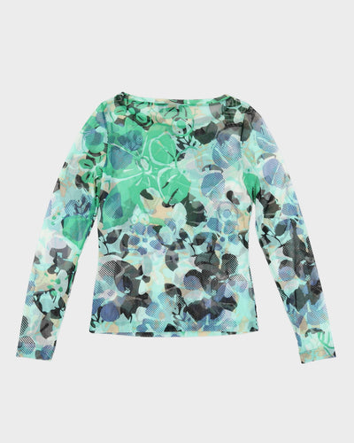 Y2K 00s Mexx Blue & Green Floral Mesh Top - S/M