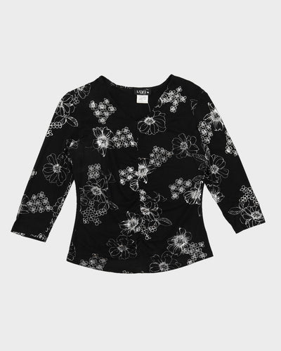 Y2K 00s Libra Black Ruched Top With Silver Floral Detail - S