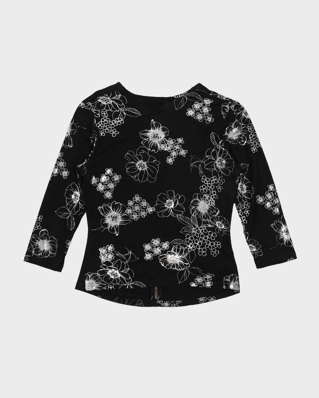 Y2K 00s Libra Black Ruched Top With Silver Floral Detail - S