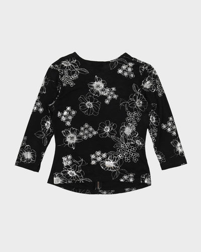 Y2K 00s Libra Black Ruched Top With Silver Floral Detail - S
