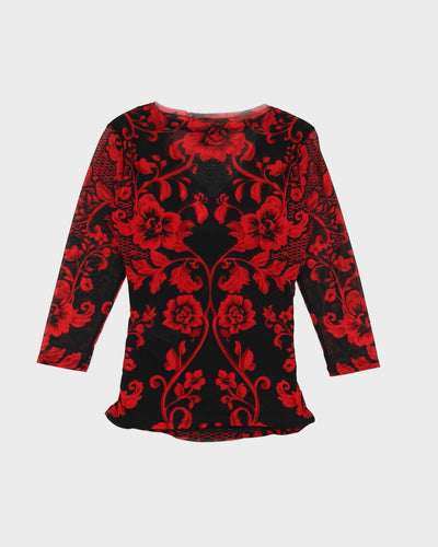 Y2K 00s INC Red Floral Ruched Side Mesh Top - M