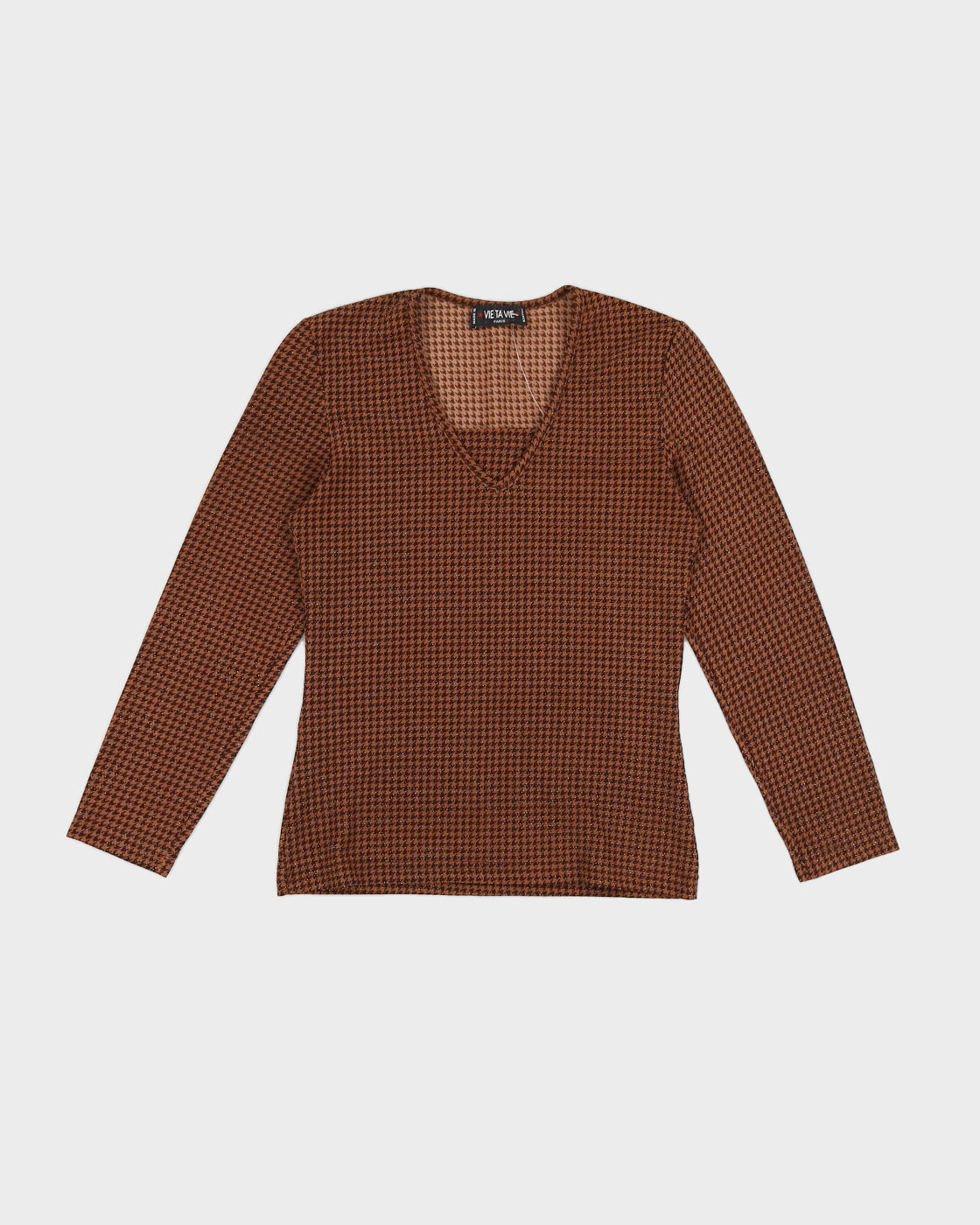 Y2K 00s Vie Ta Vie Glittery Houndstooth Brown Top - S/M