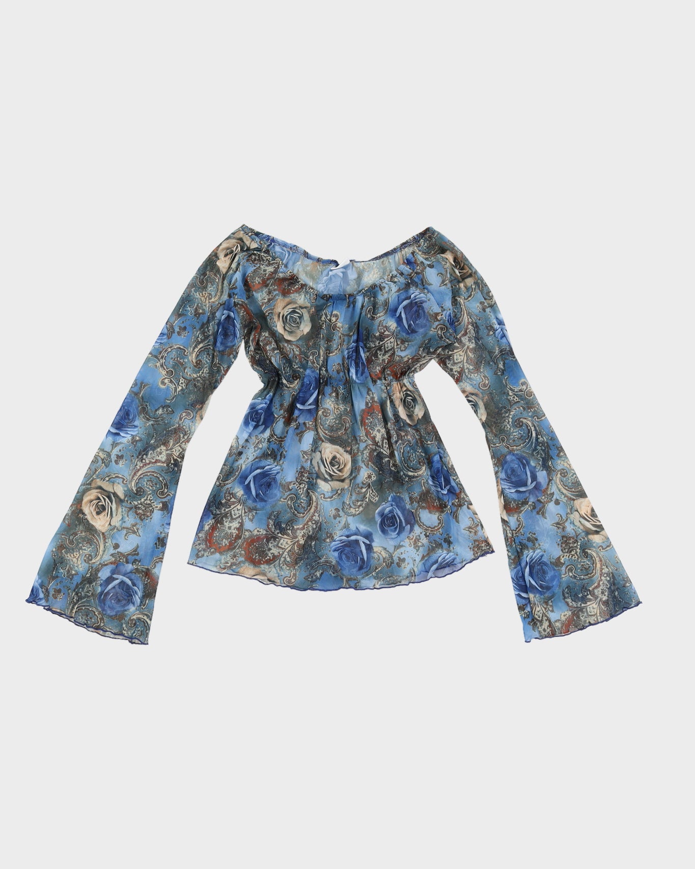 Y2K 00s Suzy Shier Rose Printed Mesh Top With Flared Sleeves - M/L
