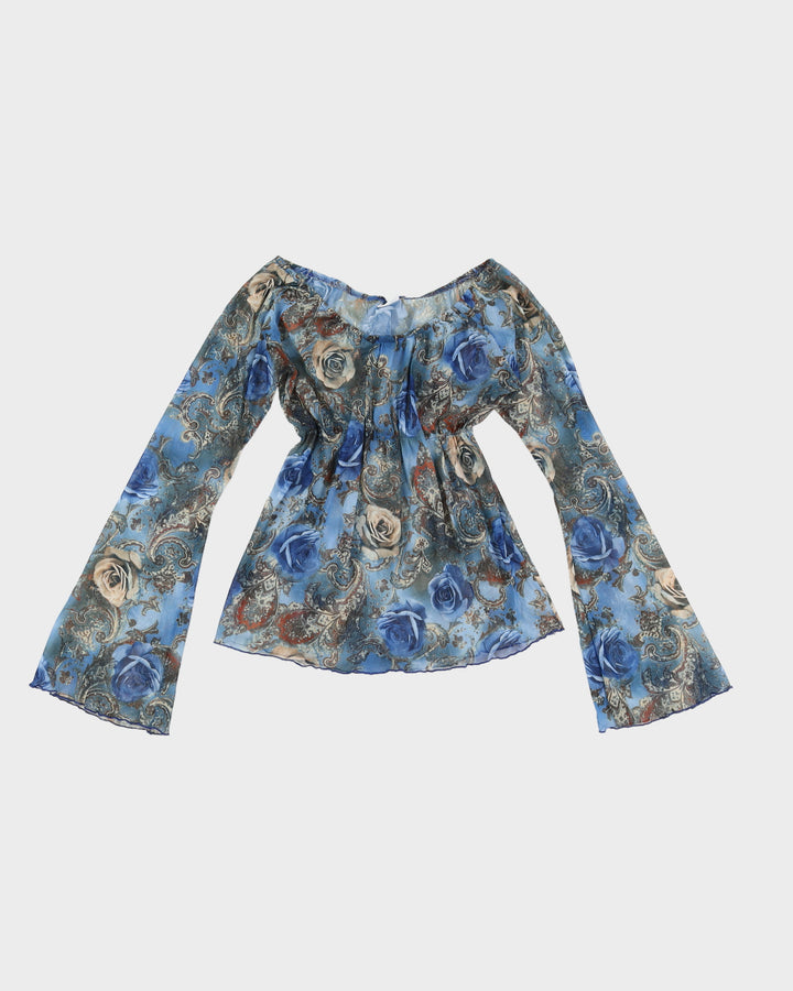 Y2K 00s Suzy Shier Rose Printed Mesh Top With Flared Sleeves - M/L