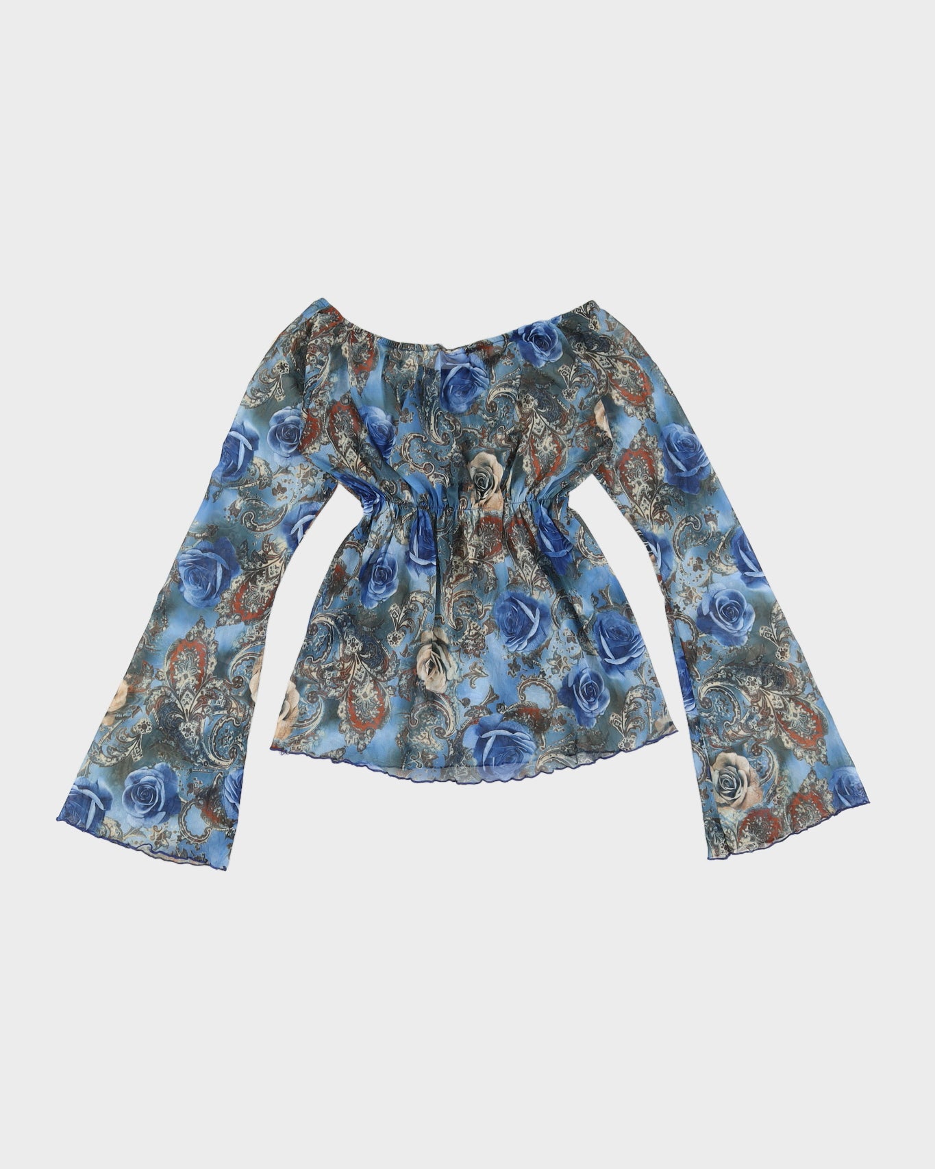 Y2K 00s Suzy Shier Rose Printed Mesh Top With Flared Sleeves - M/L