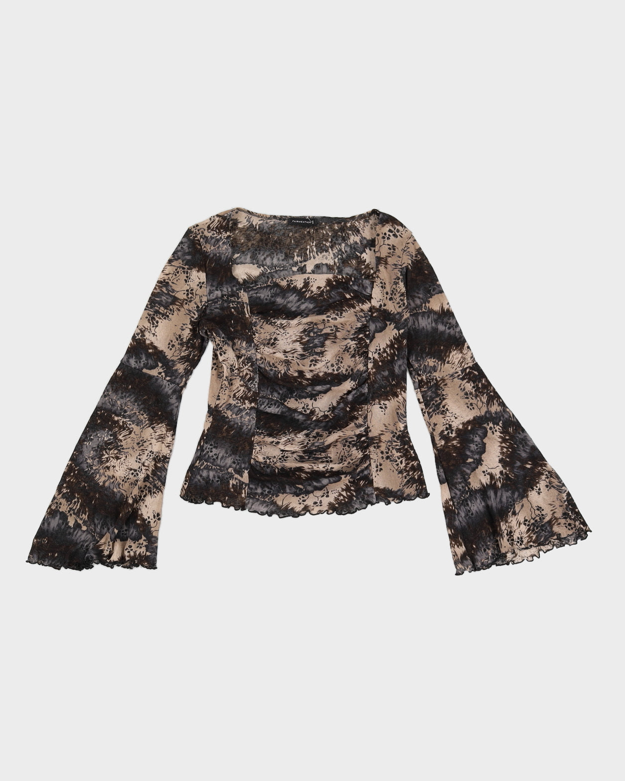 Y2K 00s Fairweather Printed Mesh Top With Lettuce Hem & Flared Sleeves - M