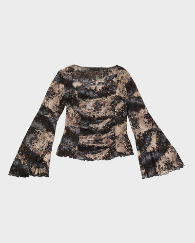 Y2K 00s Fairweather Printed Mesh Top With Lettuce Hem & Flared Sleeves - M