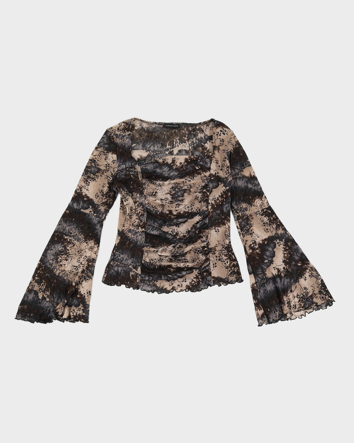 Y2K 00s Fairweather Printed Mesh Top With Lettuce Hem & Flared Sleeves - M